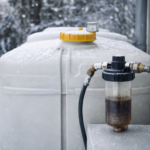 Cuve à fioul domestique avec zone technique propre, filtre visible et ambiance hivernale, illustration de prévention contre l’humidité et les dépôts